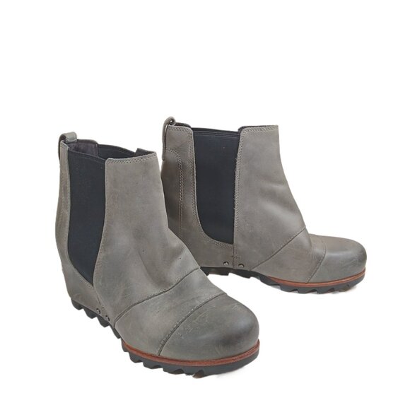 Sorel Wedge Lea Chelsea Boots Womens 6.5 Gray Leather Slip On Ankle Booties - Picture 3 of 5